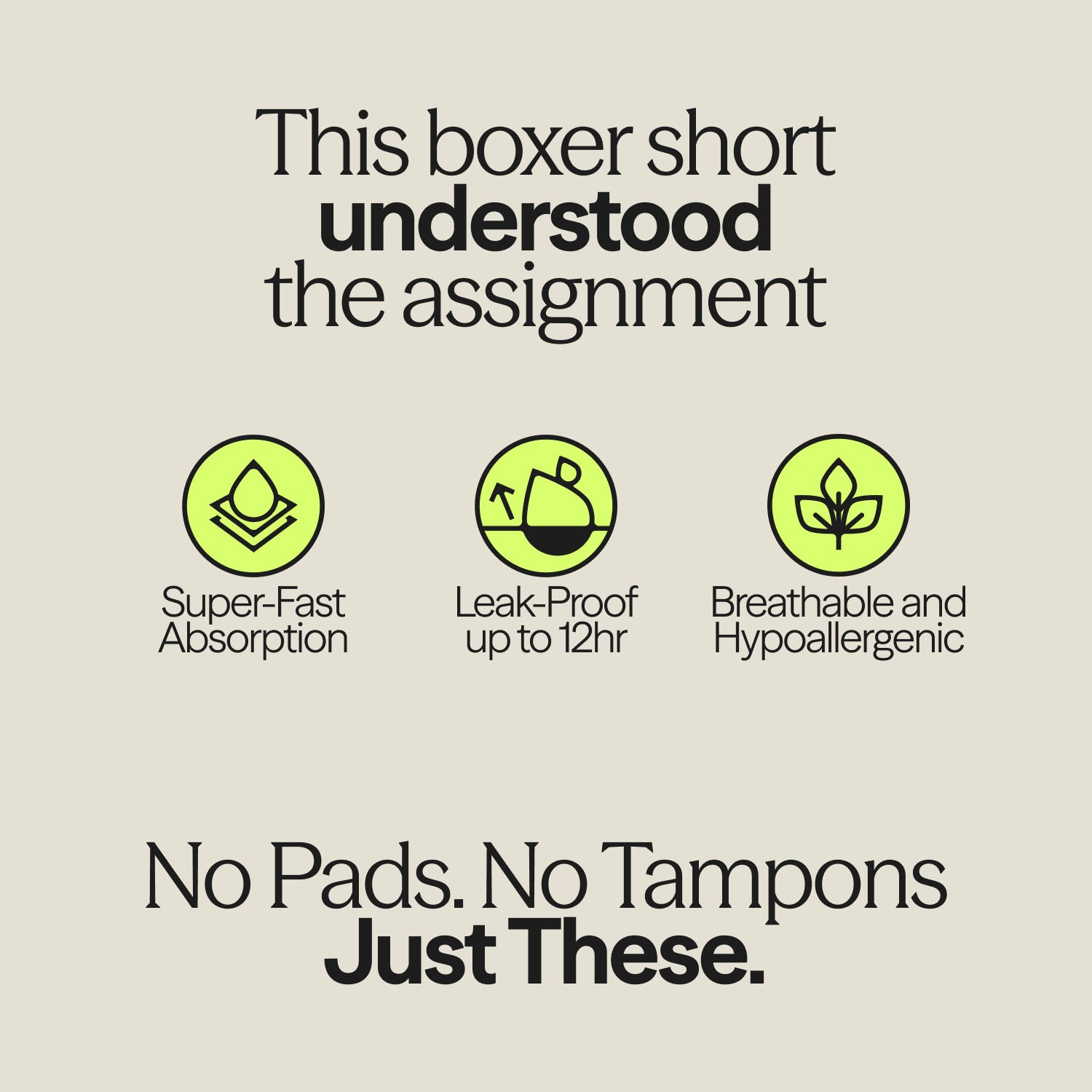 WUKA Ultimate™ Boxer Shorts product benefits graphic with icons showing super-fast absorption, 12-hour leak-proof protection, and breathable hypoallergenic design.