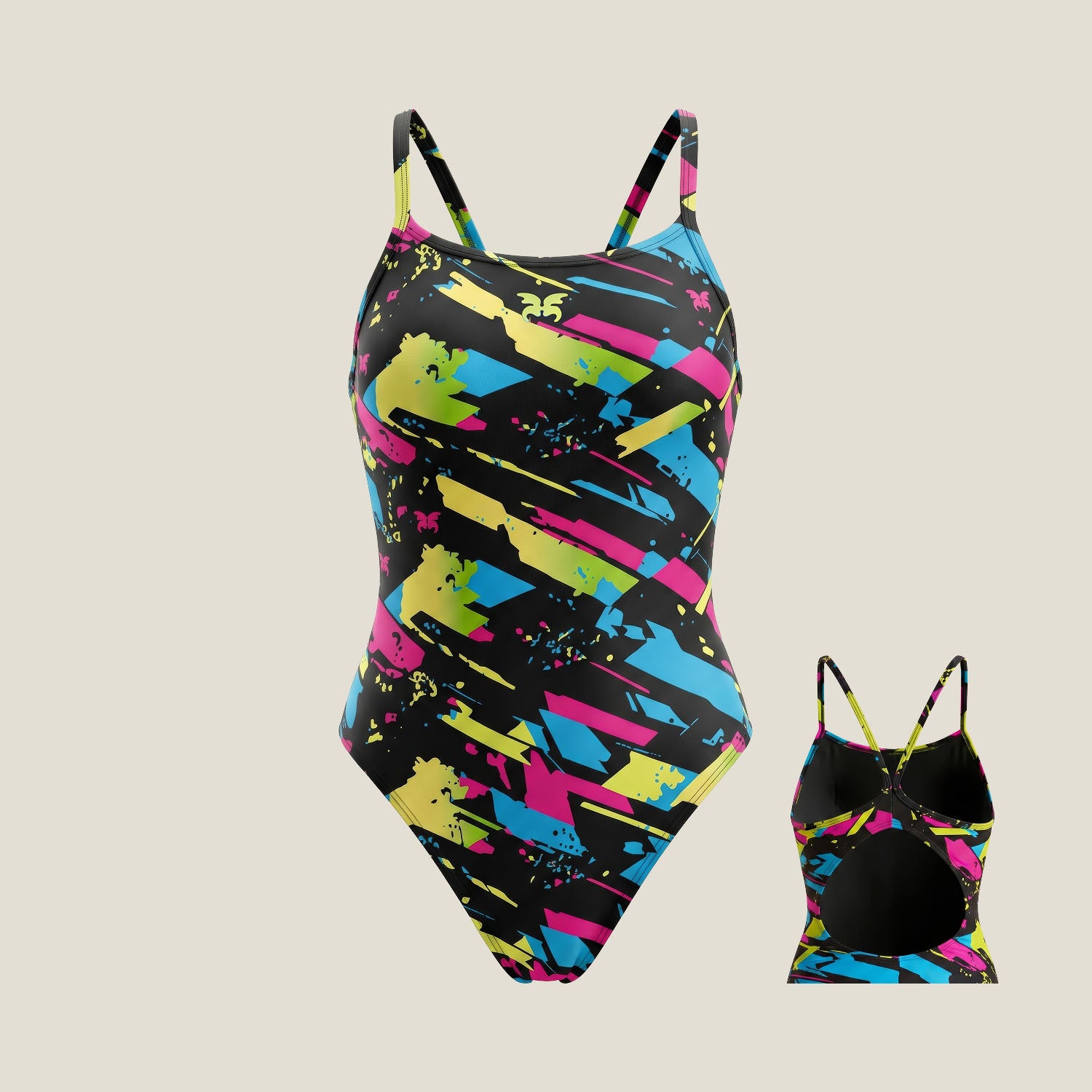 WUKA Lunafly Competition Racerback period swimsuit, front view — leakproof heavy flow period swimwear