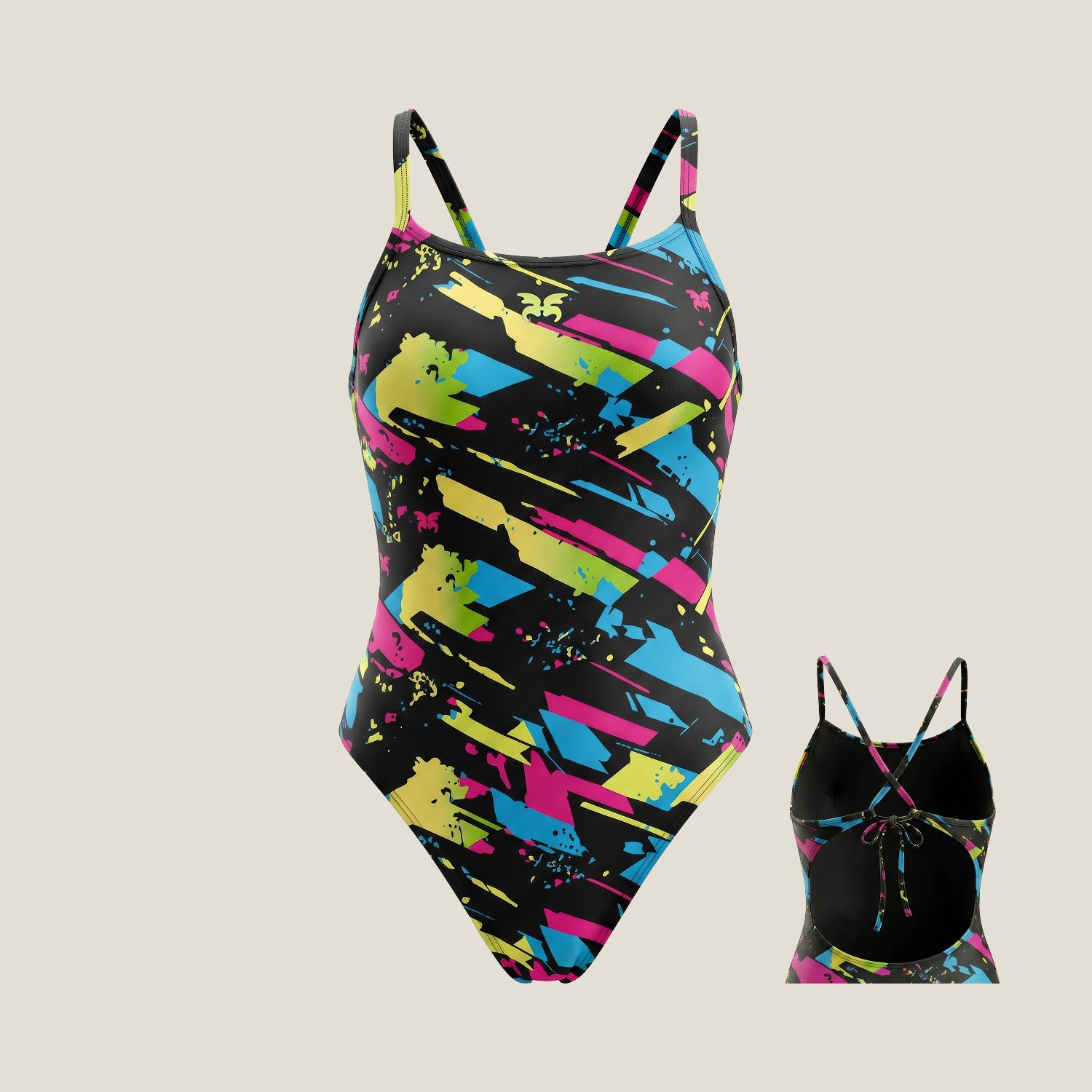 WUKA Lunafly Competition Tie-Back period swimsuit, front view — leakproof heavy flow period swimwear