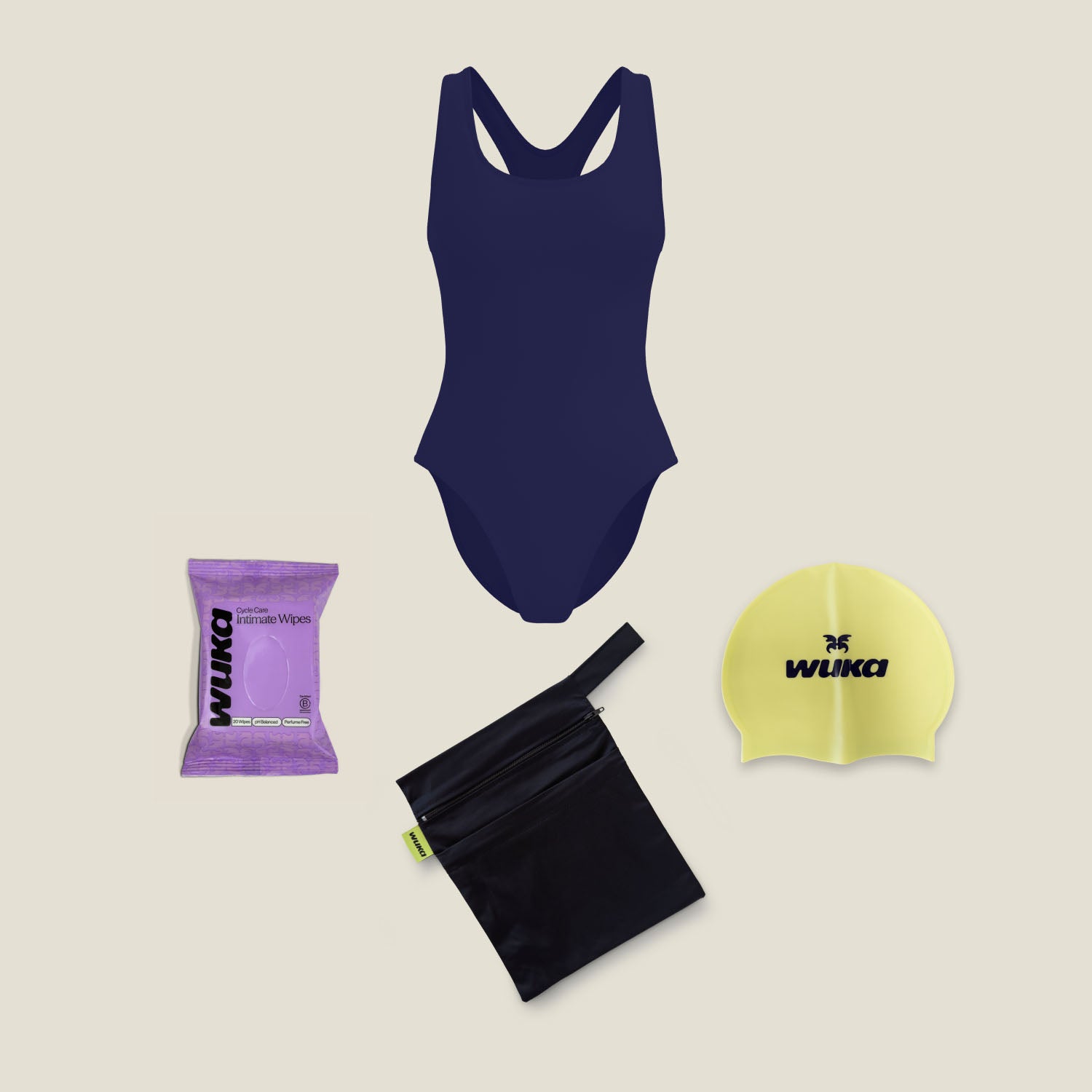 Teen navy racerback period swimsuit starter kit with leak-proof swimwear, waterproof wet bag, swim cap and intimate wipes by WUKA