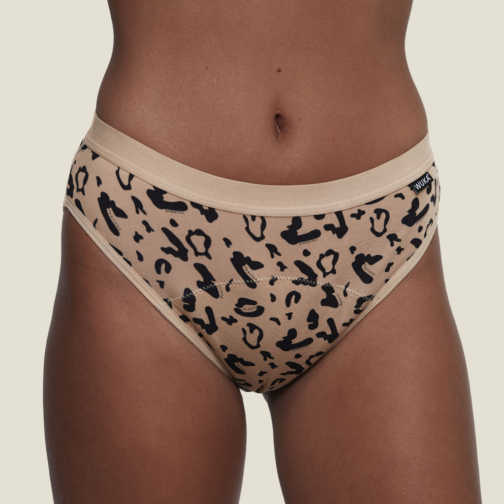 Front close-up of WUKA Basics™ Leopard Print Bikini heavy flow period pants, featuring bold leopard print and breathable, absorbent fabric