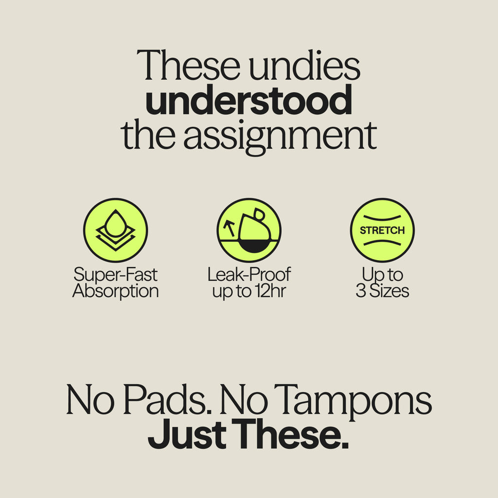Infographic displaying key features of the WUKA Teen Sleep Stretch™ Boxer Heavy period underwear: super-fast absorption, 12-hour leak-proof protection, and stretch fit up to 3 sizes. Tagline: “No pads. No tampons. Just these.