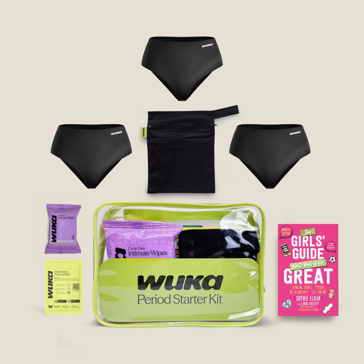Complete WUKA teen period starter kit bundle including three pairs of black reusable period underwear, the pink edition of "The Girls' Guide to Growing Up Great" educational book, a waterproof storage bag, cycle care wipes, and a heat patch for cramp relief