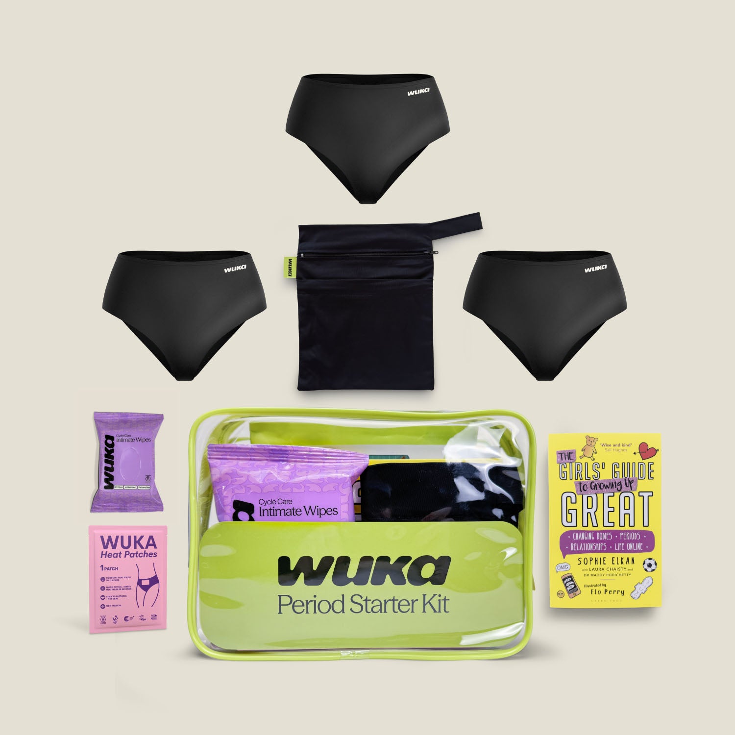 WUKA 3-Pack Period Starter Kit – includes three pairs of black stretch period pants, reusable two-pocket waterproof bag, intimate wipes, soothing heat patch, and “The Girls' Guide to Growing Up Great” book. Eco-friendly essentials for teens starting their period, all in a clear green zip pouch
