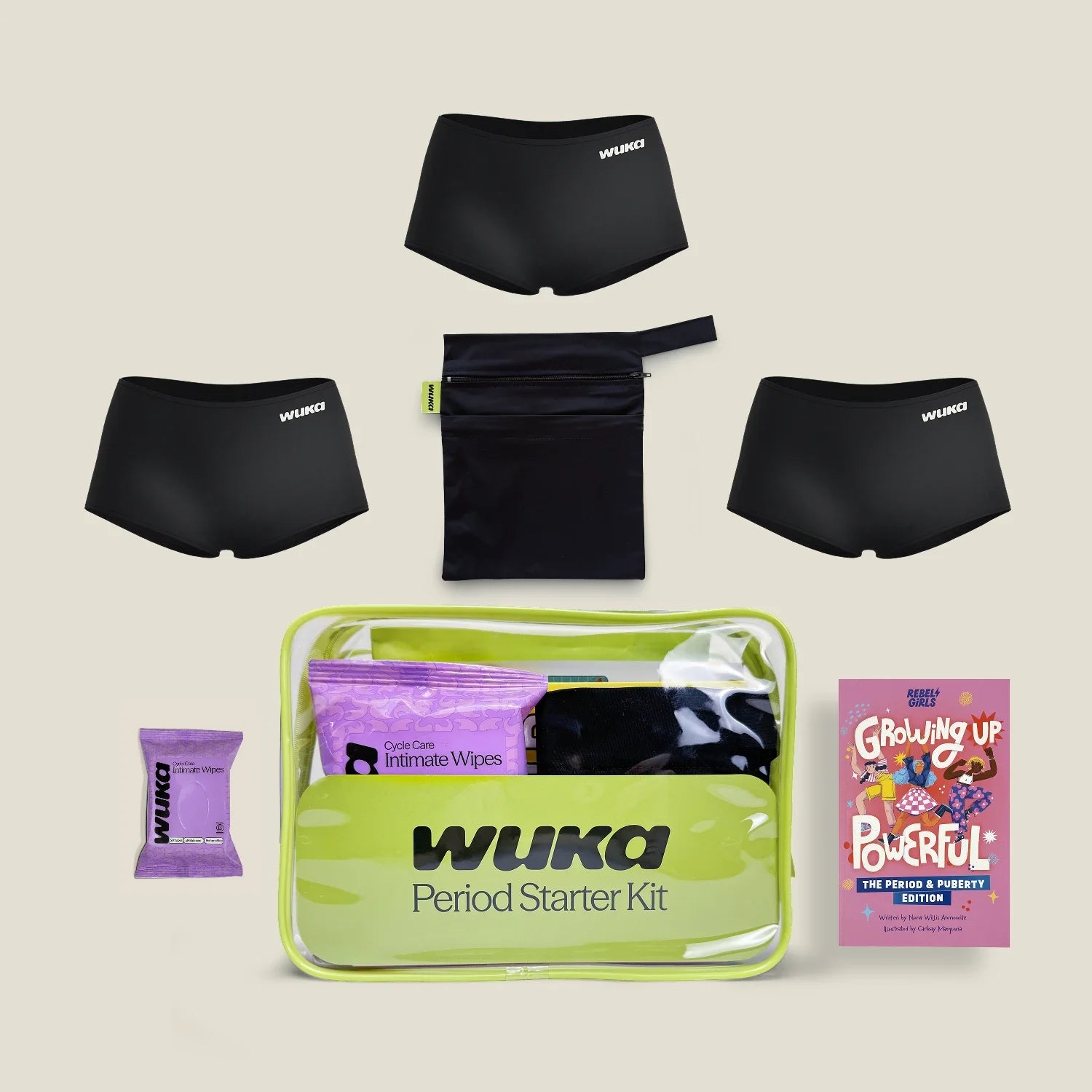 What's inside the WUKA Teen Boxer Starter Kit 3 pack: three pairs of period boxers, changing bag, wipes and the Growing Up Powerful book.