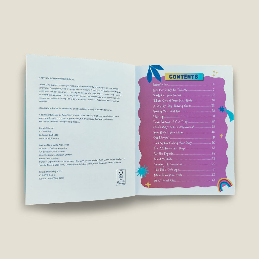 Table of contents of "Growing Up Powerful", listing topics such as puberty, periods, body awareness, shaving, nutrition, and empowerment tips.