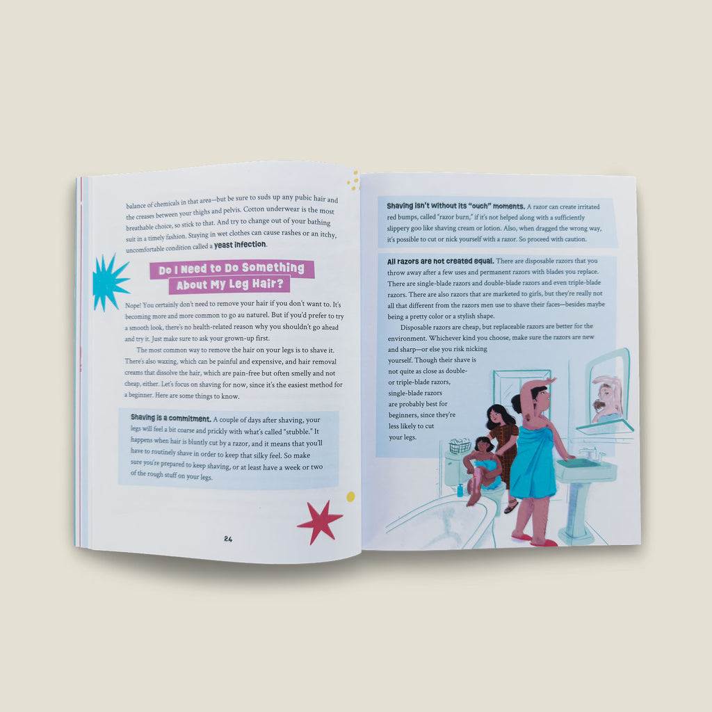 Inside spread from "Growing Up Powerful" discussing leg hair and shaving, including tips on razor types, skin care, and body autonomy.
