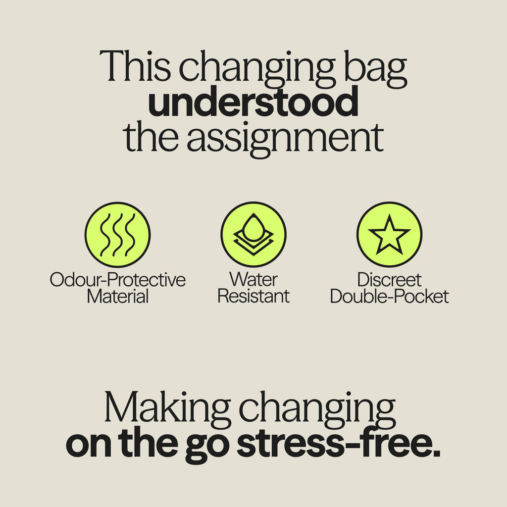 WUKA changing bag features graphic showing odour-protective material, water resistance, and discreet double pockets for hygienic storage