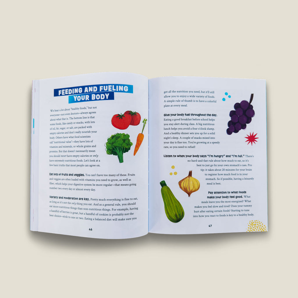 Illustrated nutrition tips from "Growing Up Powerful" encouraging a colourful, balanced diet and mindful eating habits for growing bodies.
