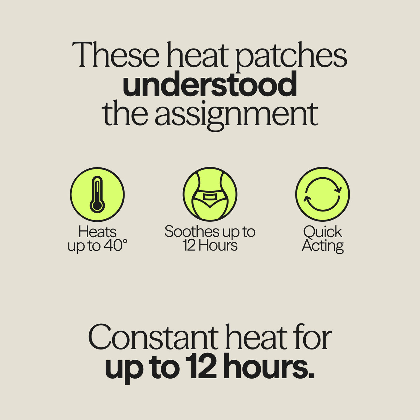 Infographic displaying WUKA Heat Patch benefits: heats up to 40°C, quick acting, soothes for up to 12 hours.