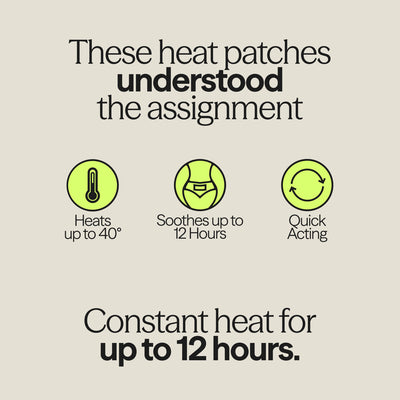 Infographic displaying WUKA Heat Patch benefits: heats up to 40°C, quick acting, soothes for up to 12 hours.