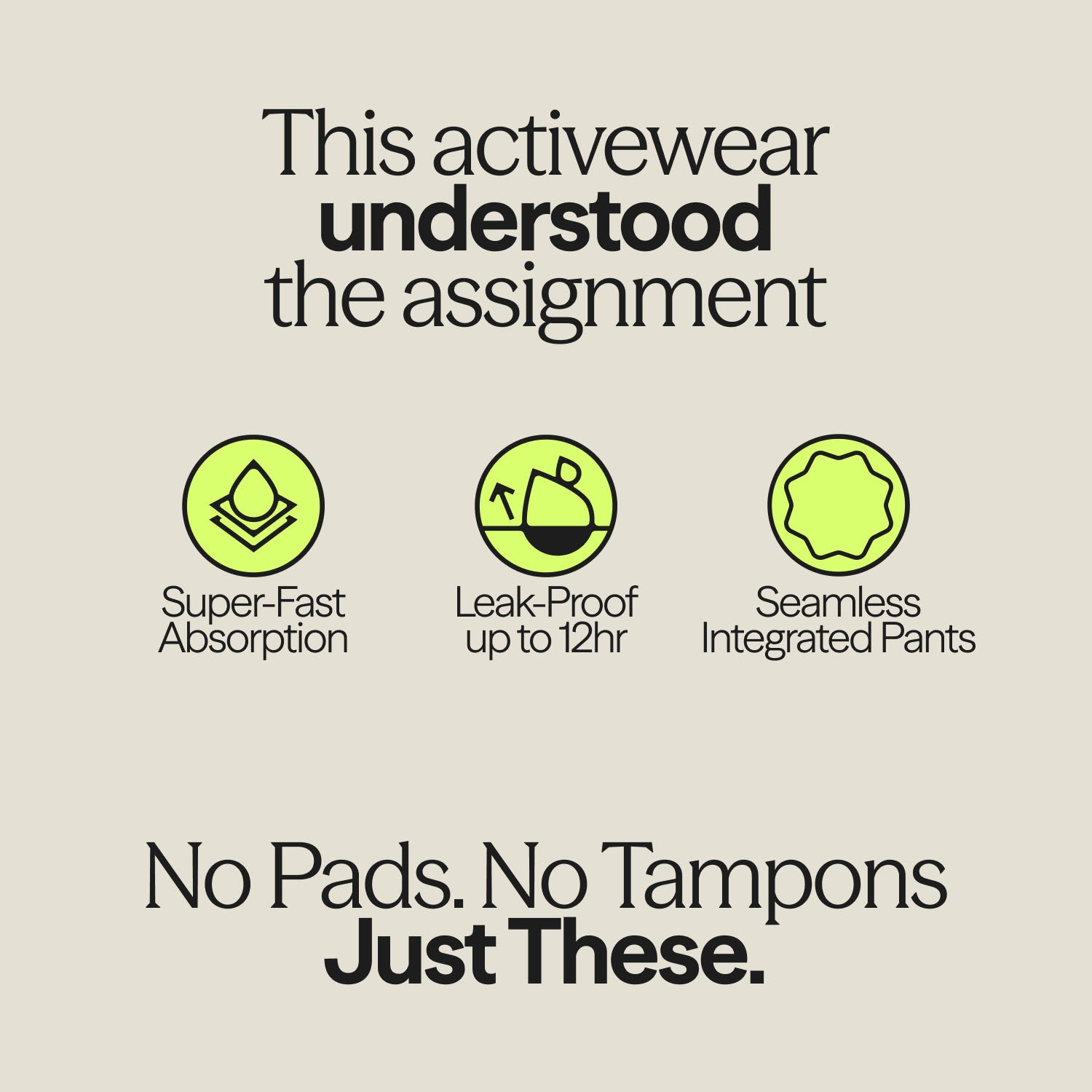 Infographic for WUKA Period Sports Shorts: Super-Fast Absorption, Leak-Proof for up to 12 hours, and Seamless Integrated Pants – No Pads, No Tampons, Just These.