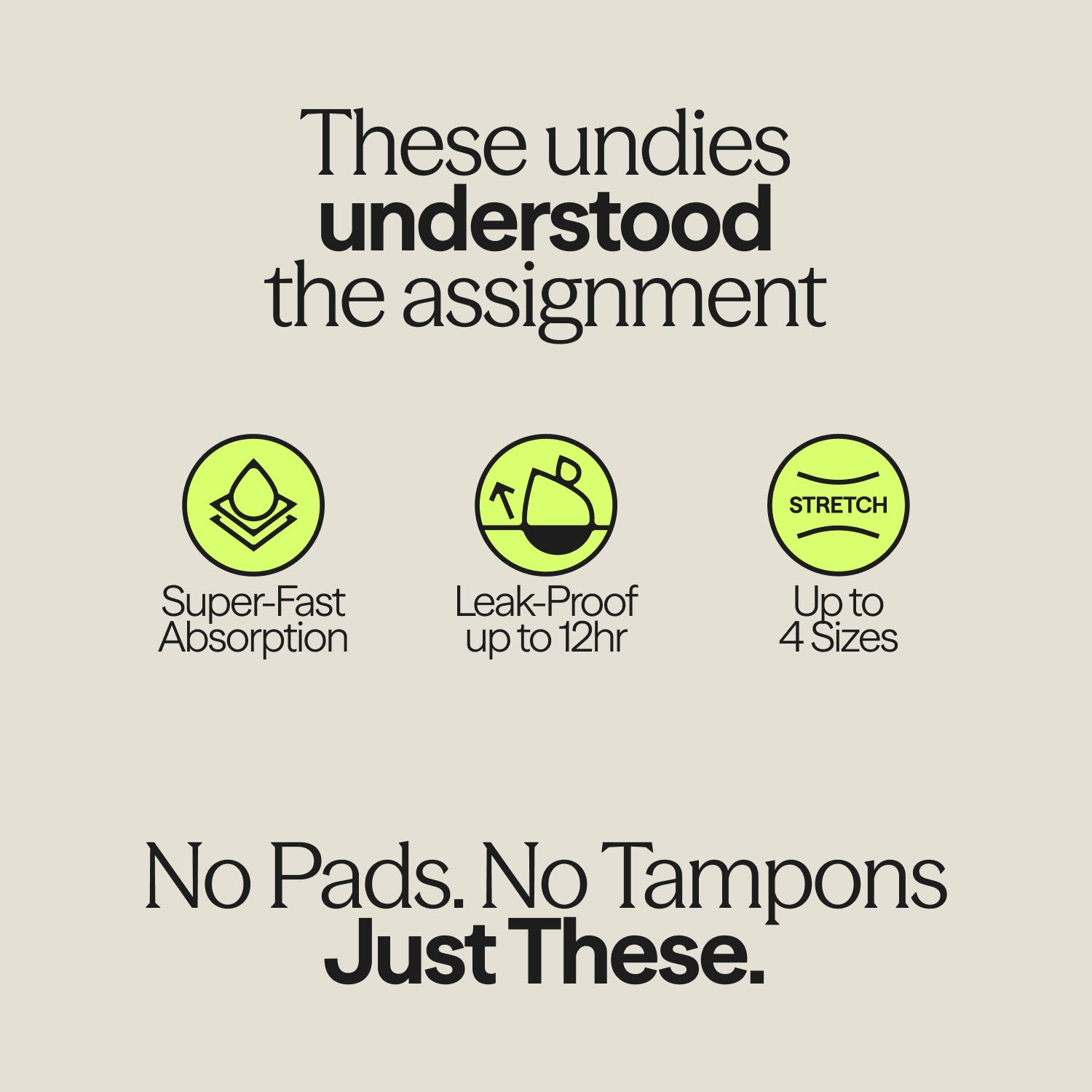 Graphic showing benefits of WUKA Stretch Seamless Period Pants – fast absorption, leak-proof up to 12 hours, fits 4 sizes.
