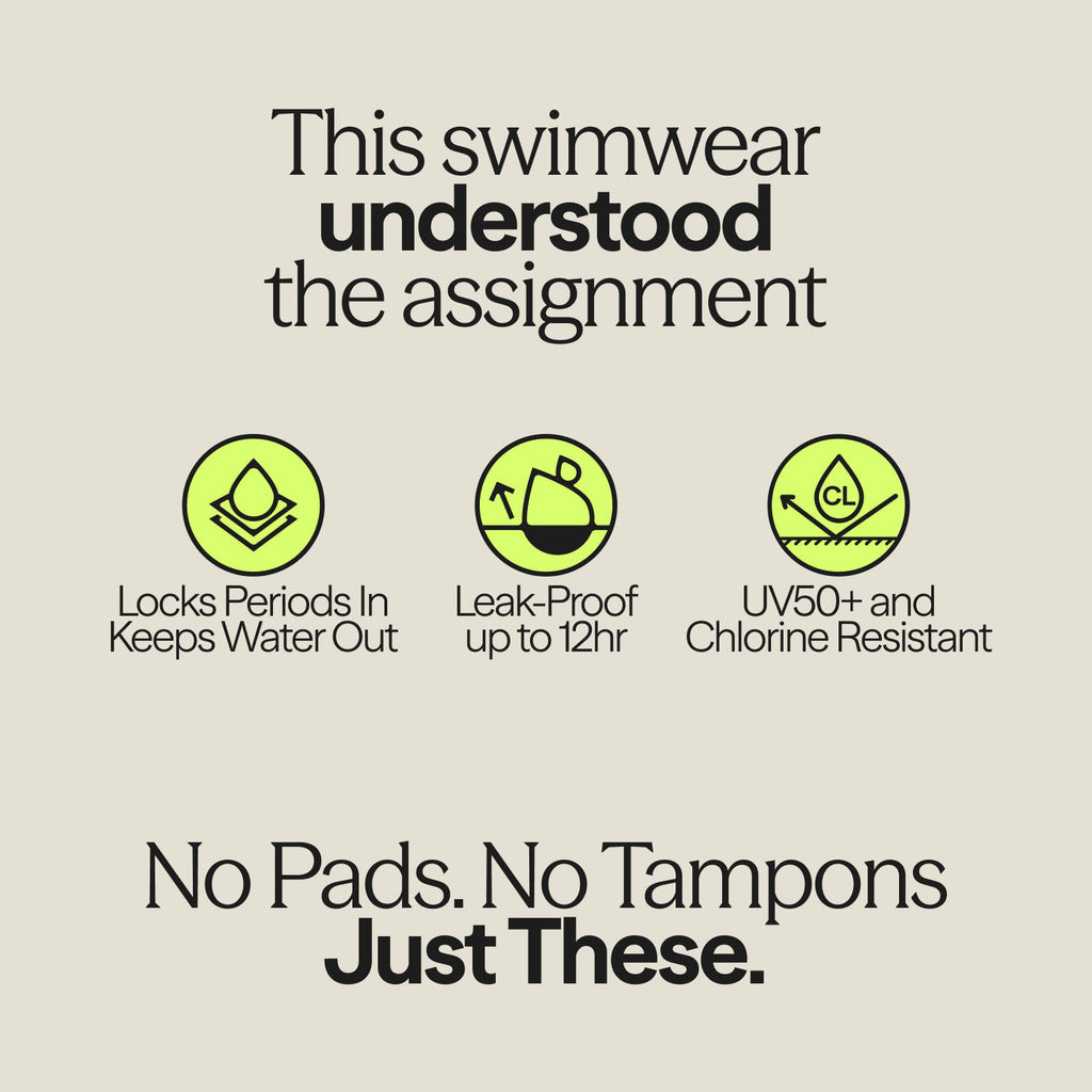 WUKA Period Swimsuit features: locks periods in, keeps water out, leak-proof up to 12 hours, UV50+ and chlorine resistant. No pads. No tampons. Just these.