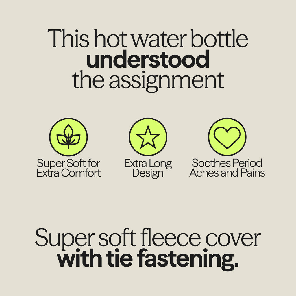 Graphic image detailing features of WUKA long hot water bottle – super soft cover, extra-long design, and period cramp relief