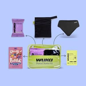 WUKA Teen period starter kit containing Teen Stretch Midi Brief Period Pants, Wipes, Changing Bag, Book and Heat Patch on a bright blue background